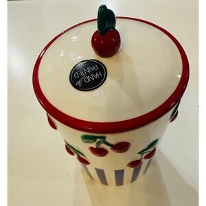 Vintage Style Hand-Painted Cherry Ceramic Cookie Jar Canister Blue Stripes NWT